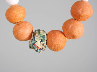 Beaded Bracelet with Paper Mache Ball in Orange/White