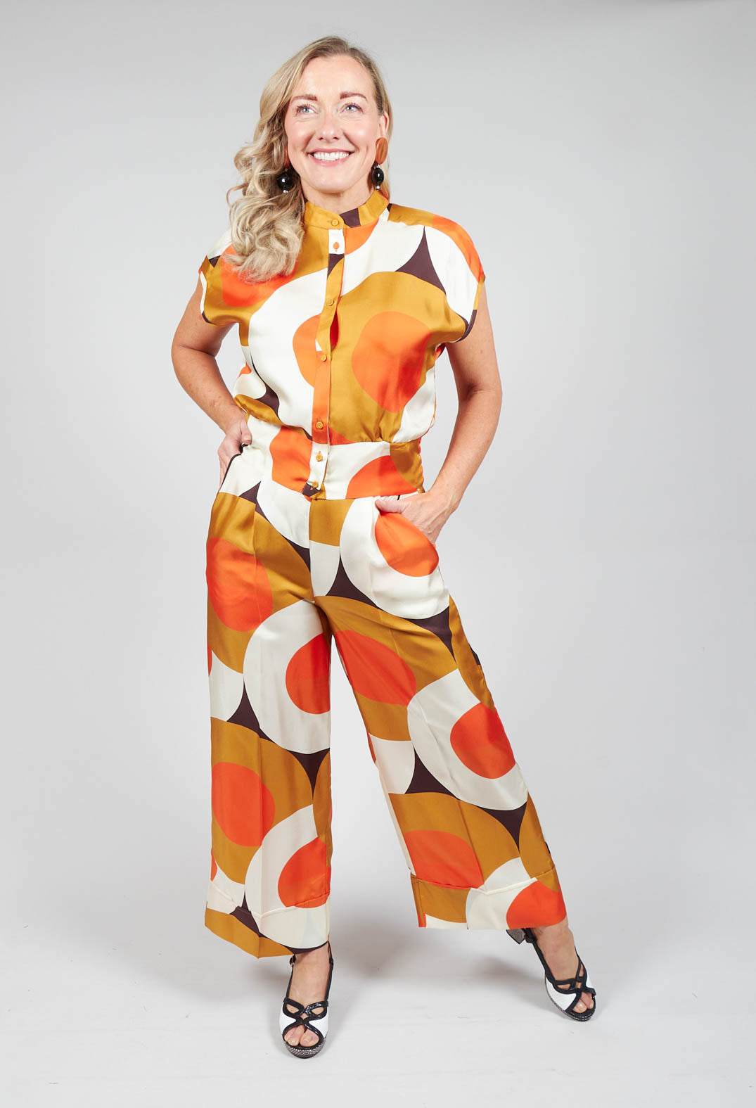 circle print wide leg silk trousers