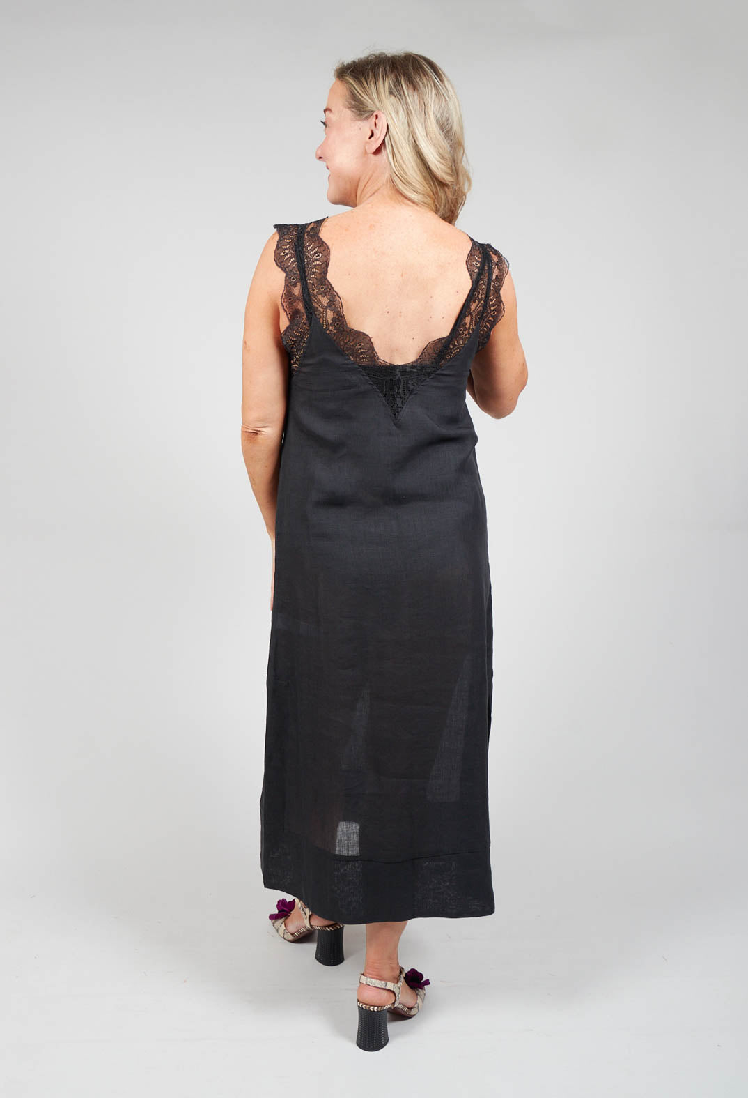 black midi dress with lace detailing