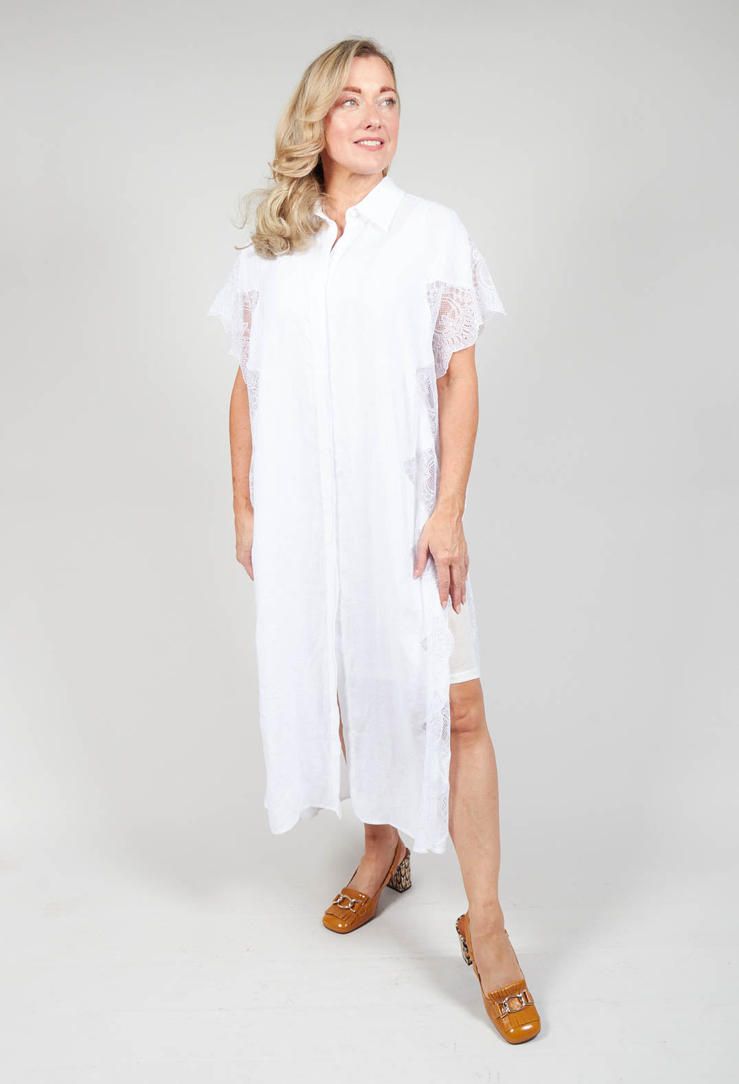 white shirt dress with lace detail