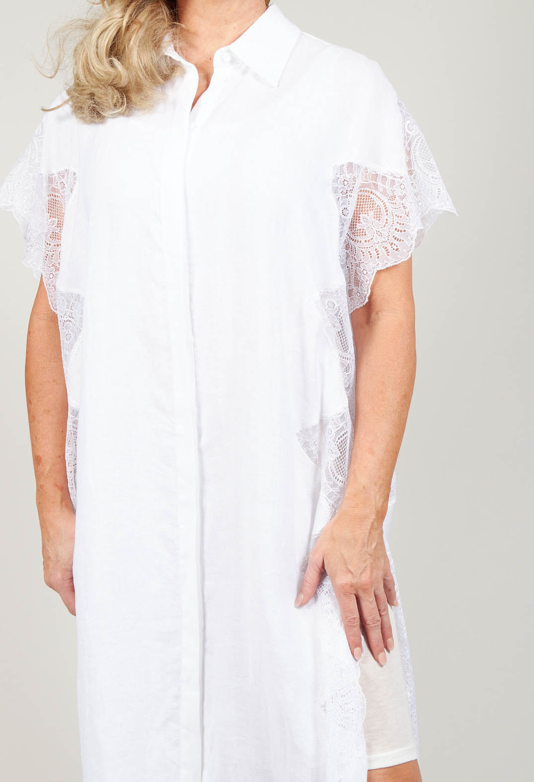 white shirt dress with lace detail