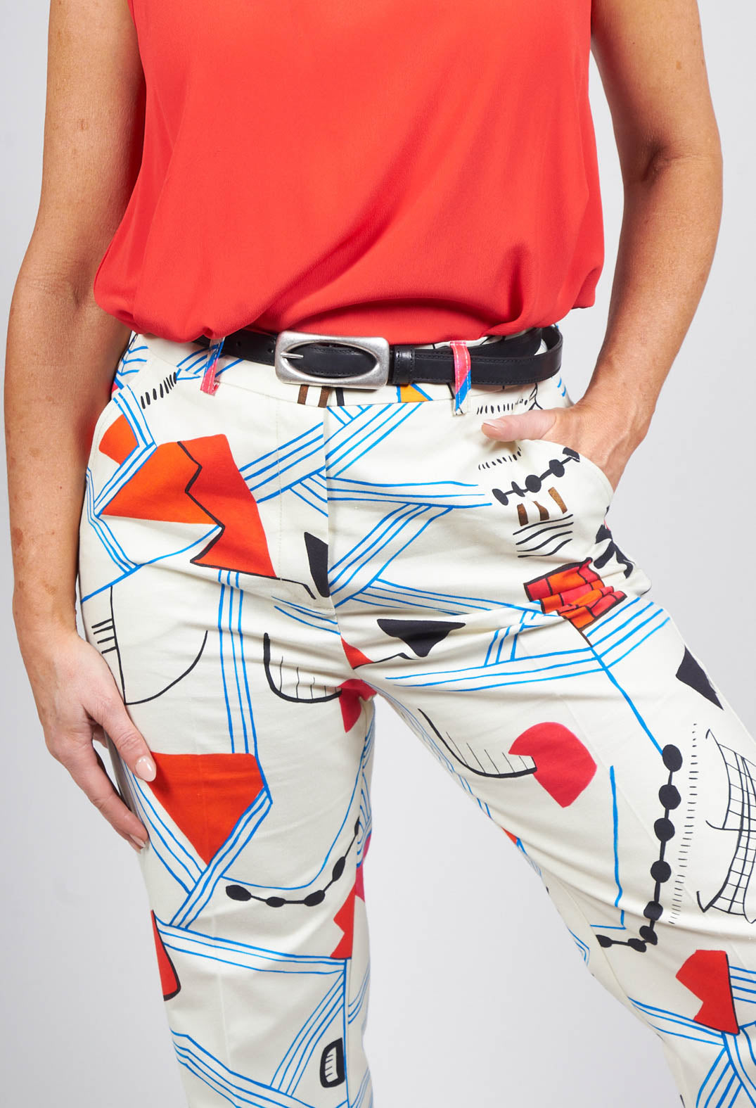 close up of straight leg trousers in matisse print with front pockets