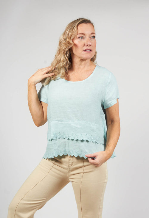 Embroidered  Linen Frill Top in Aqua