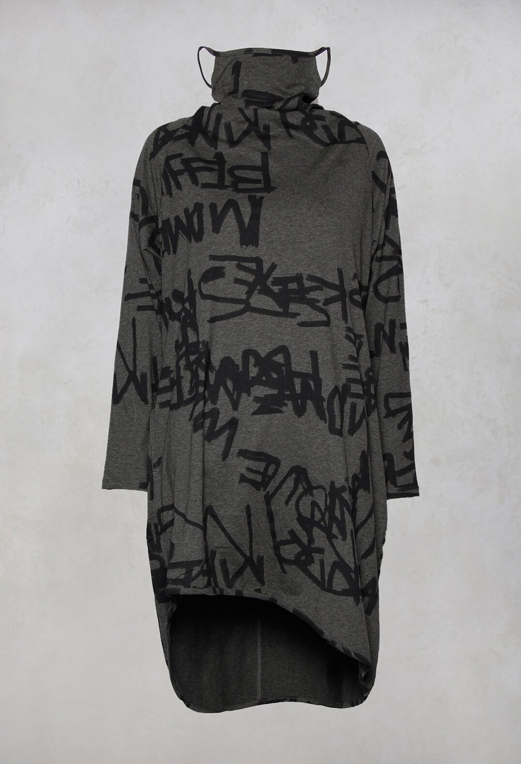 Graphic Printed Tunic Dress with Built in Face Mask in Grey