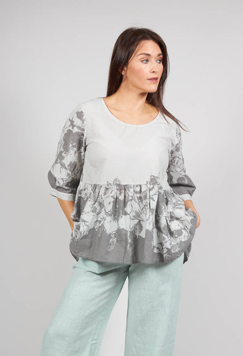 Grey Placement Print Voile Top in Pearl