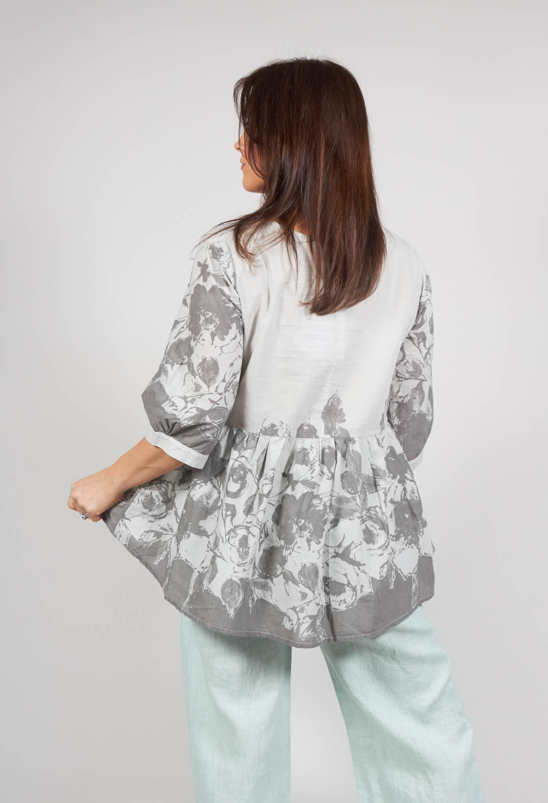 Grey Placement Print Voile Top in Pearl