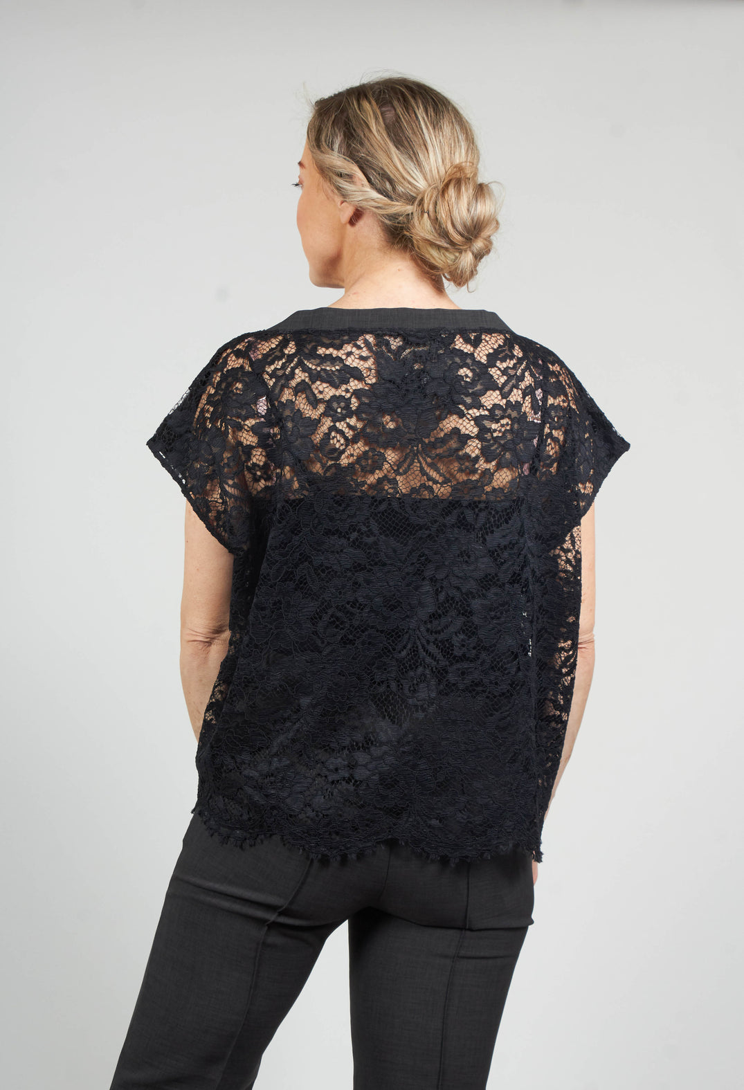 Wide Crop Top with Lace Back in Black/Charcoal