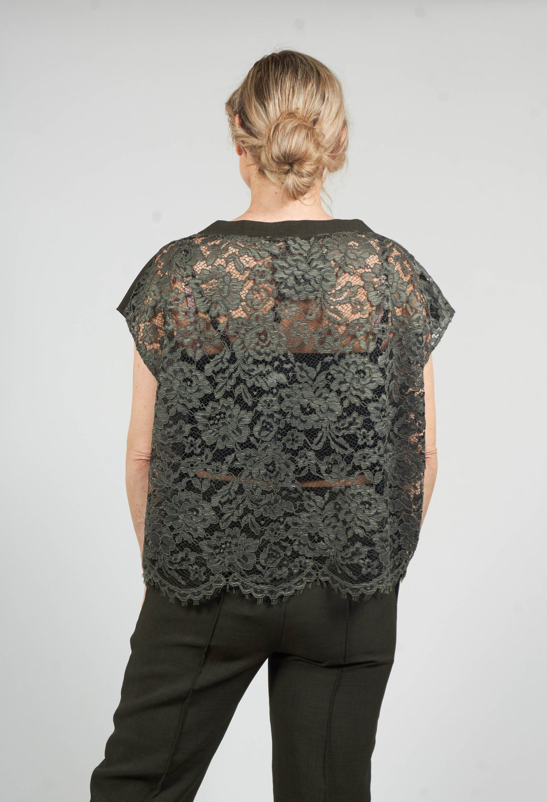 Wide Crop Top with Lace Back in Khaki