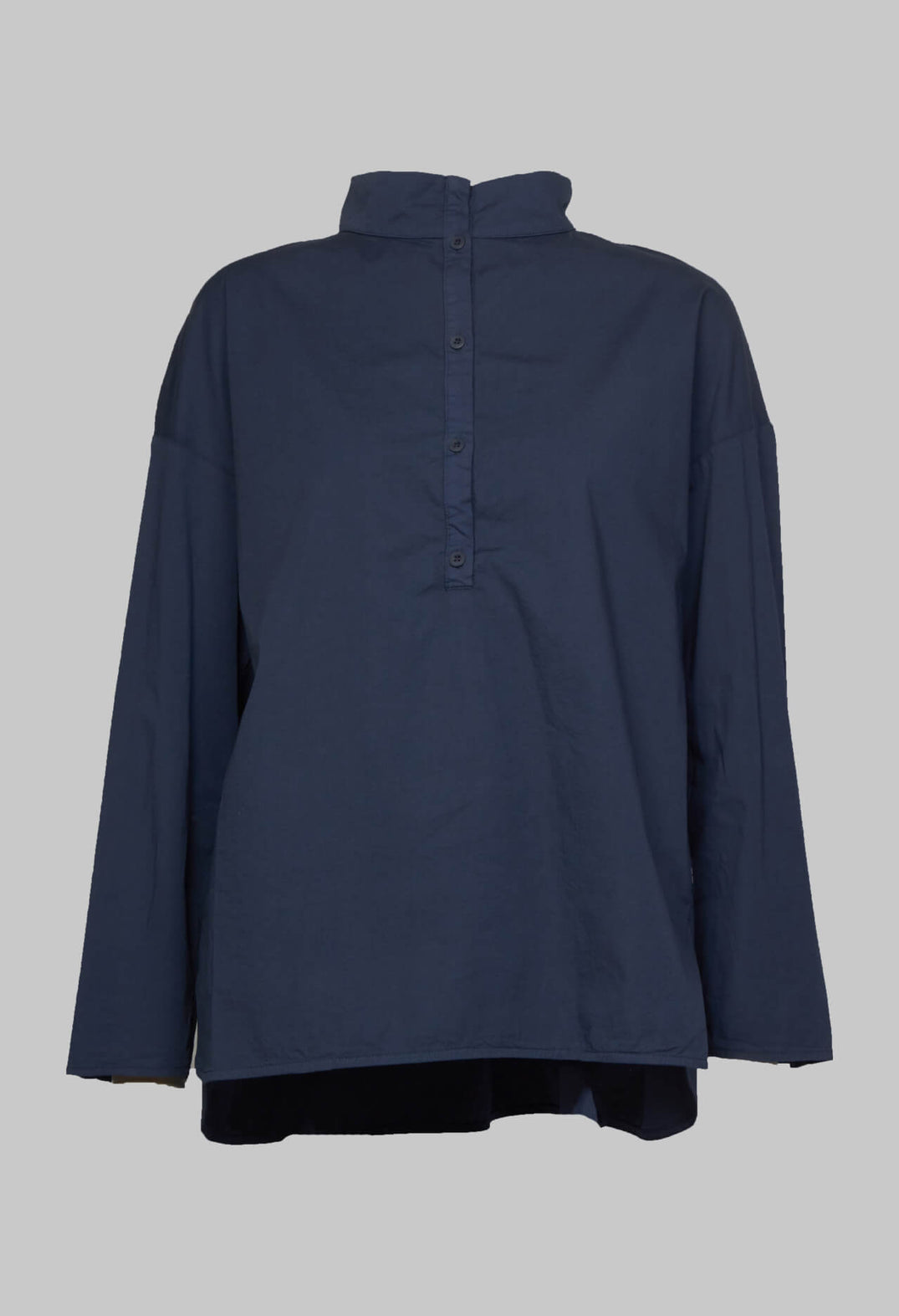 Half Button Through Shirt with Stand Collar in Dark Blue