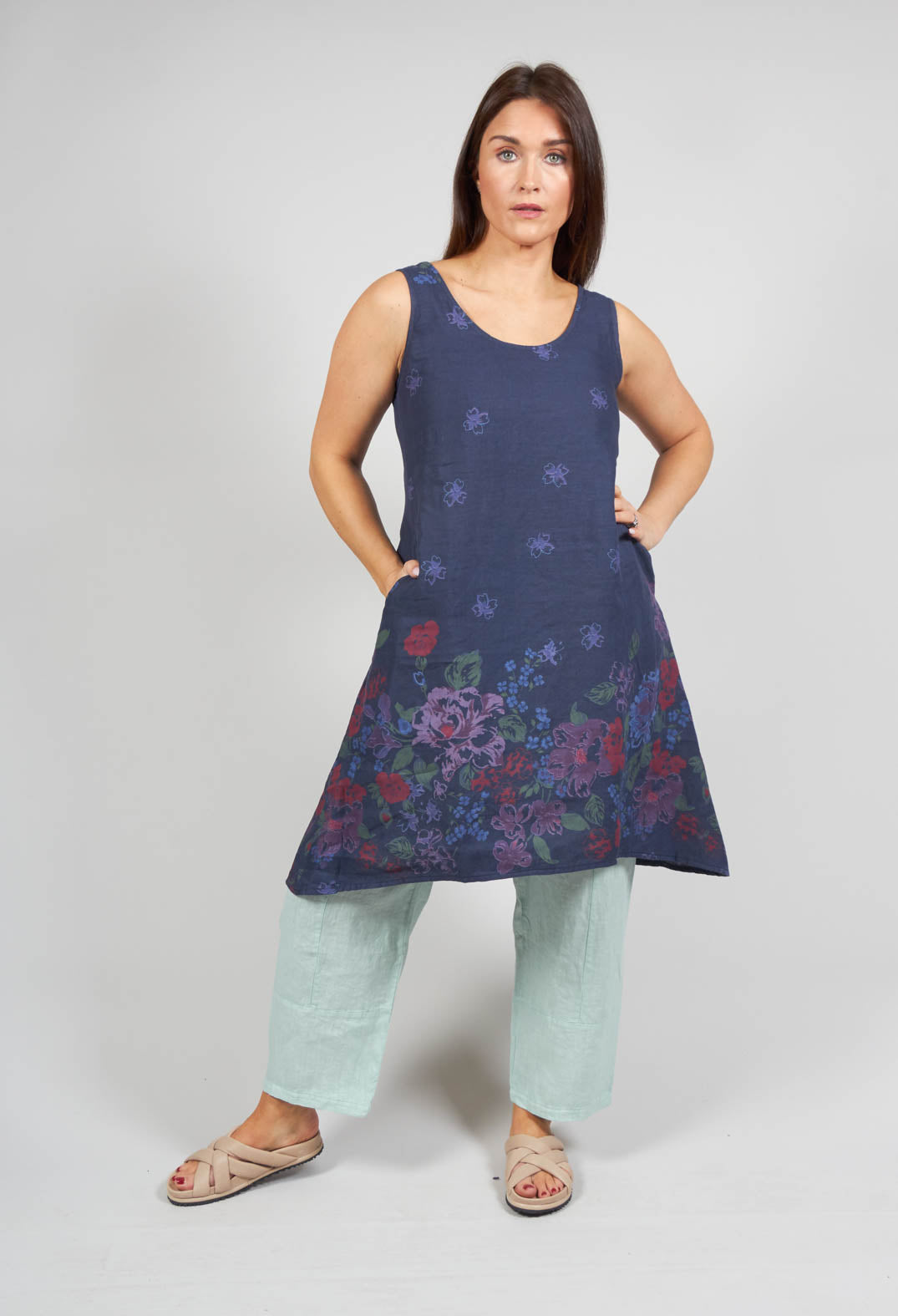 Hi Lo Multi Coloured Placement Print Tunic in Navy