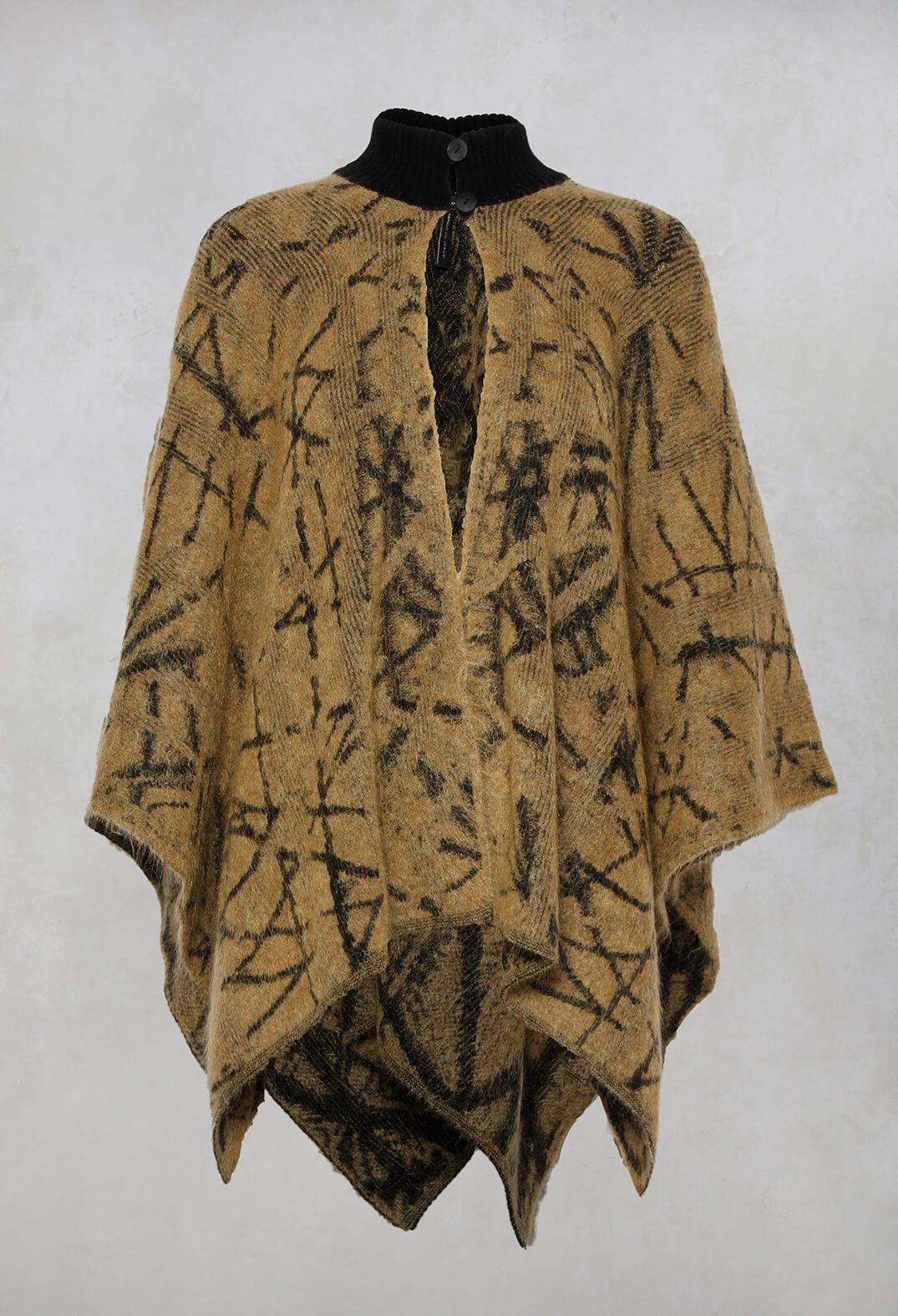 High Button Neck Poncho with Black Pattern Detail in Mustard