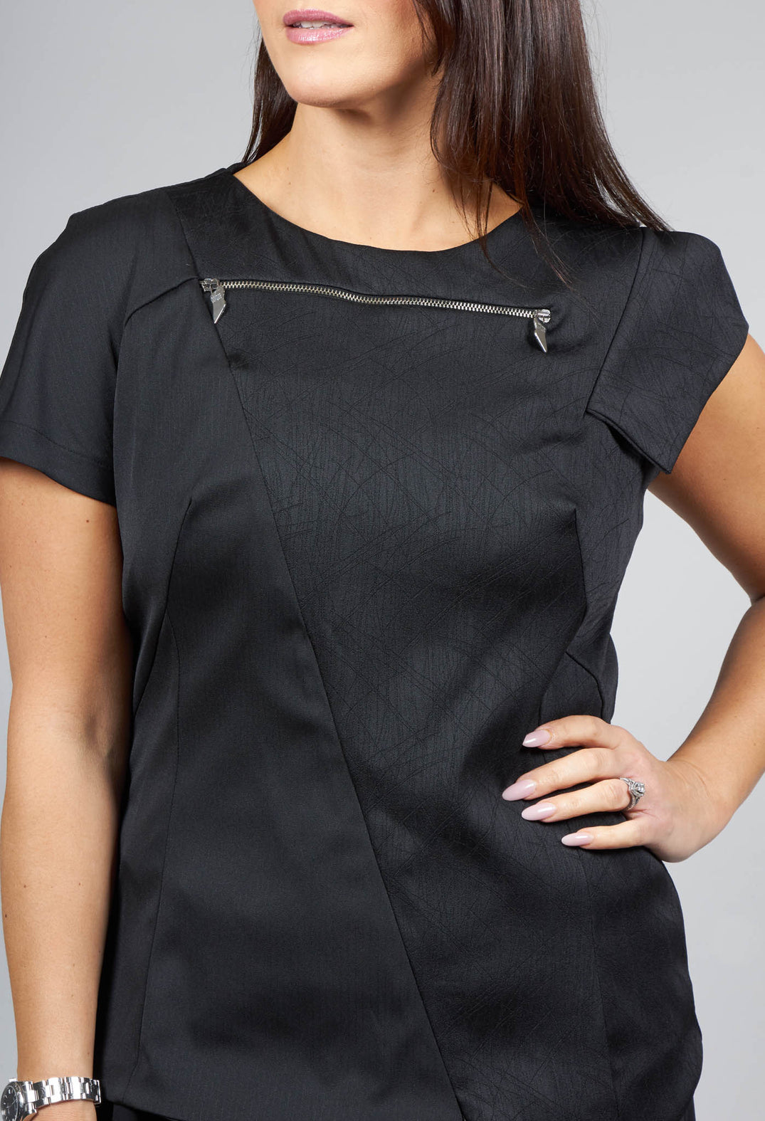 Short Sleeved Top with Zip Detail in Black