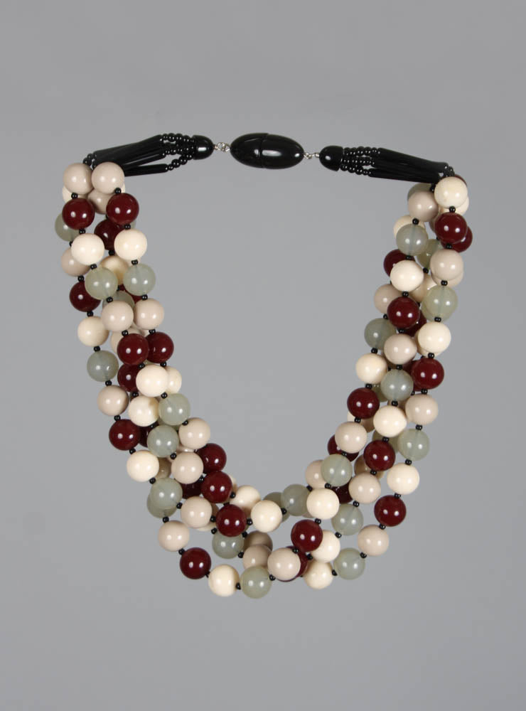 5 Strand Balls Necklace in Cream, Green and Plum