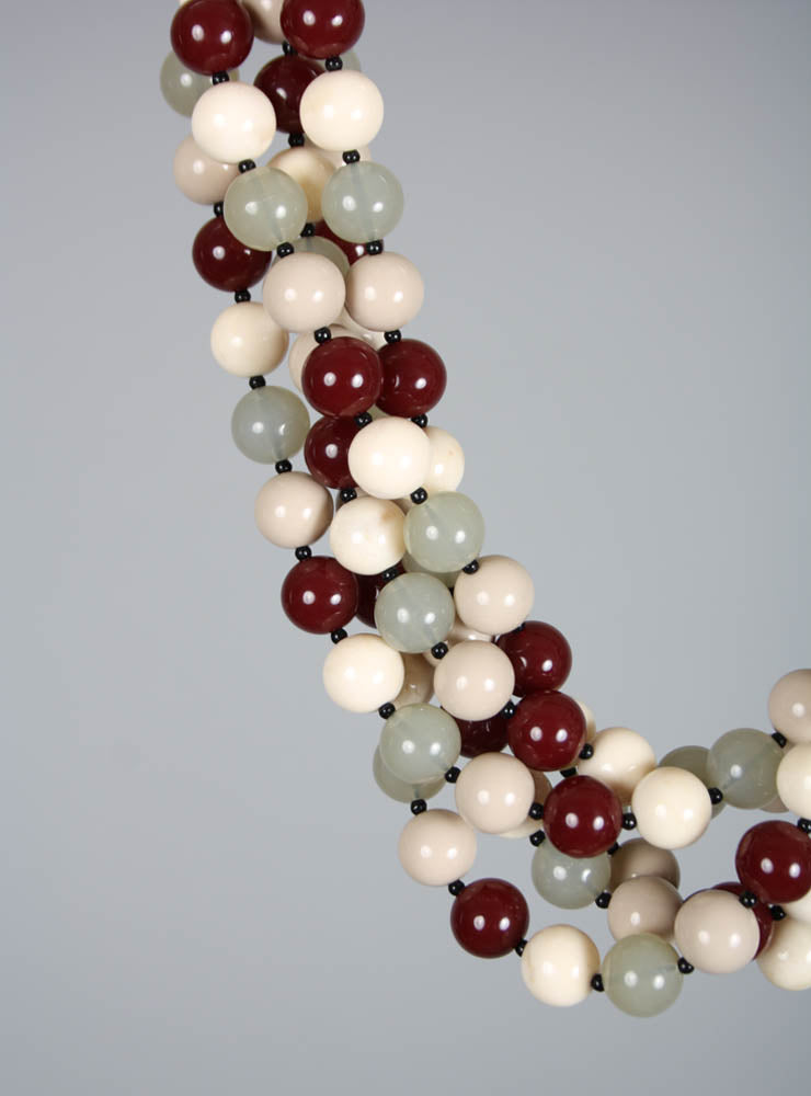 5 Strand Balls Necklace in Cream, Green and Plum