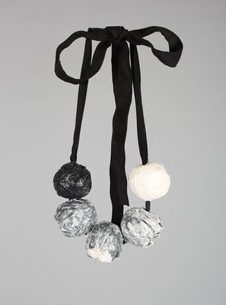 Paper Mache Ball Necklace with Ribbon Tie in Monochrome