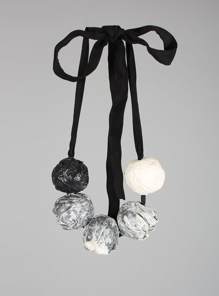 Paper Mache Ball Necklace with Ribbon Tie in Monochrome