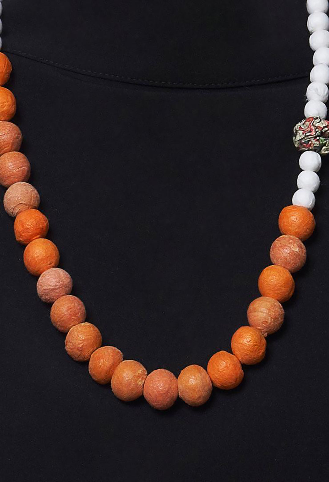 Beaded Necklace with Paper Mache Ball in Orange/White