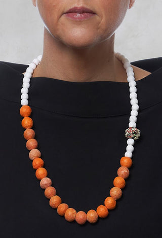 Beaded Necklace with Paper Mache Ball in Orange/White