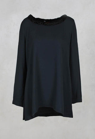 Loose Crepe Tunic with Velvet Patterned Trim in Flint