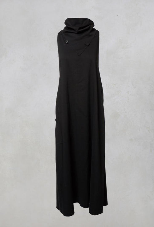 Long Backless Woven Dress with Collar in Black