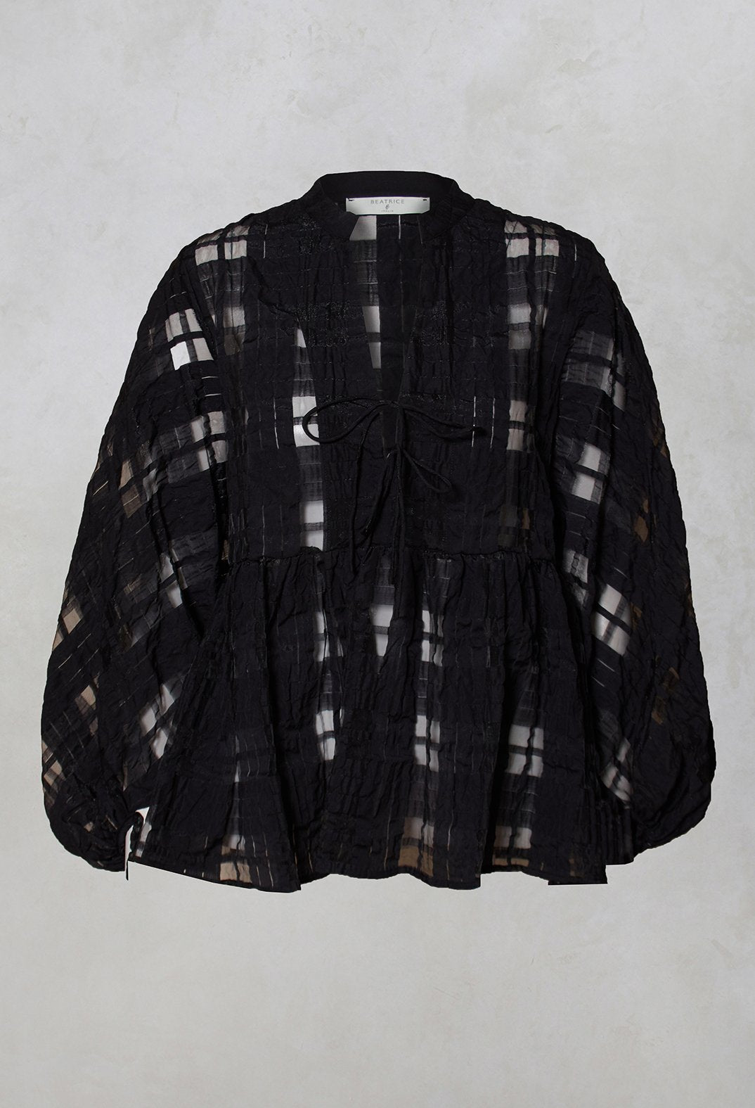 jacquard check mesh blouse in black with tie detailing