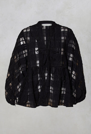 jacquard check mesh blouse in black with tie detailing