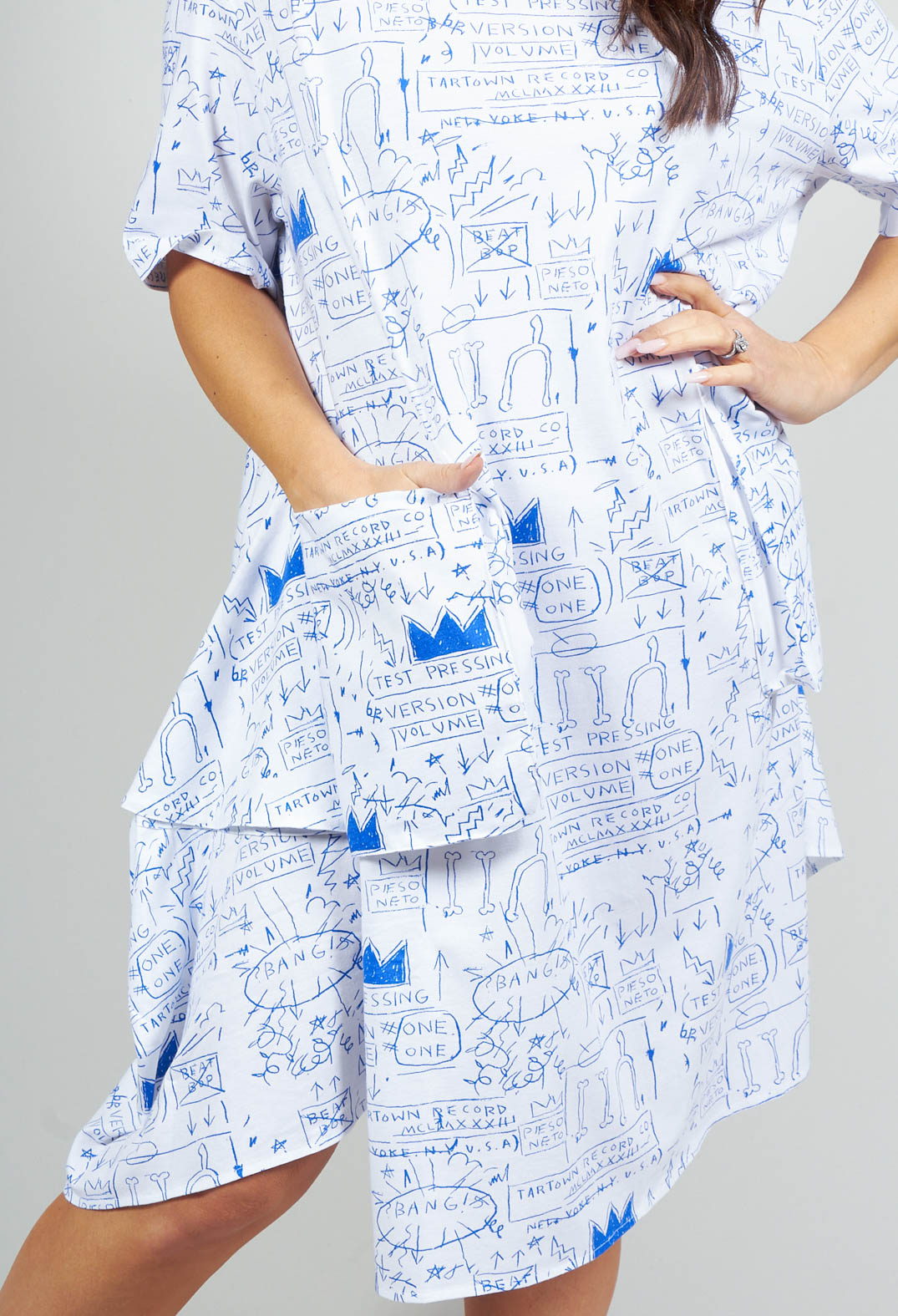 Jersey Dress with Oversized Pockets in Blue and White