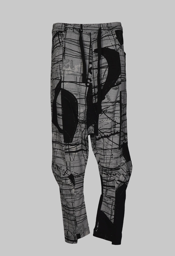 Jersey Drop Crotch Trousers with All Over Pattern in Black Print