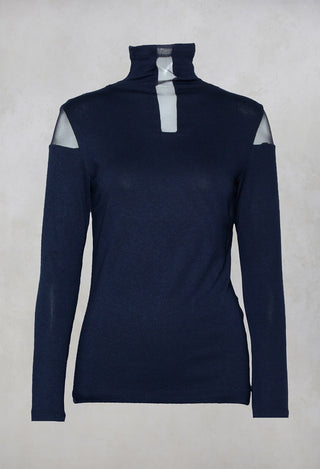 High Neck Top with Sheer Inserts in Navy