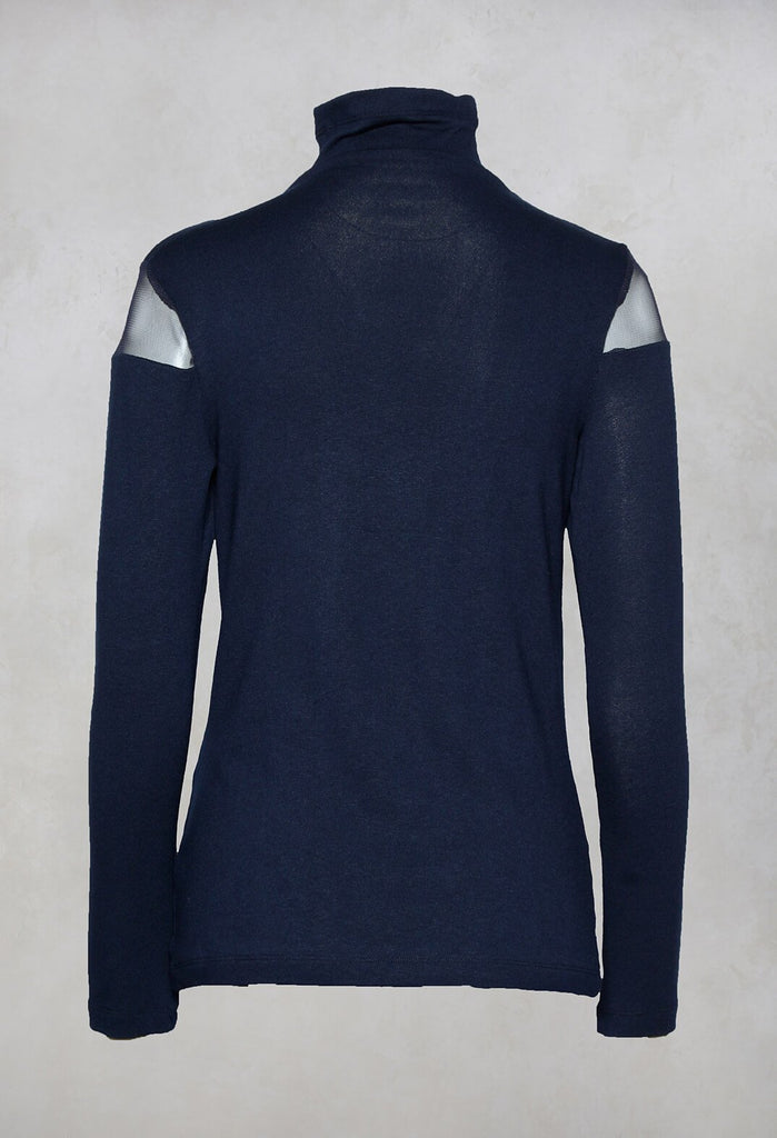 High Neck Top with Sheer Inserts in Navy