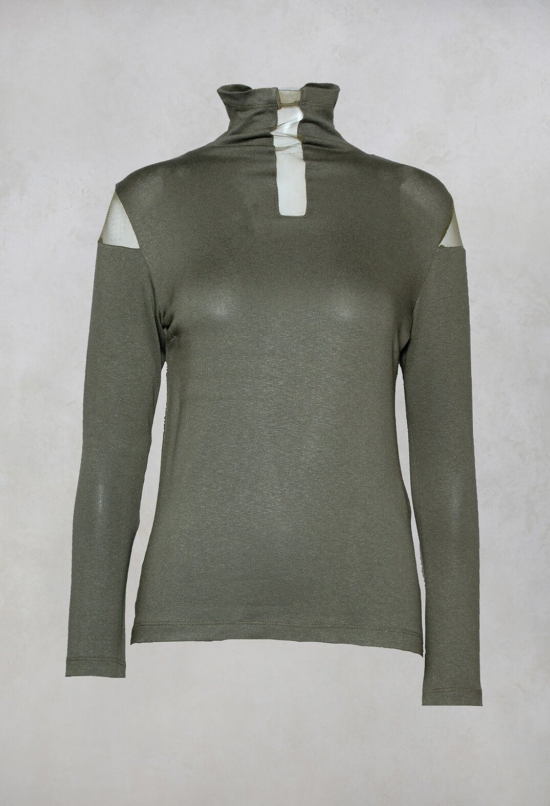 High Neck Top with Sheer Inserts in Khaki