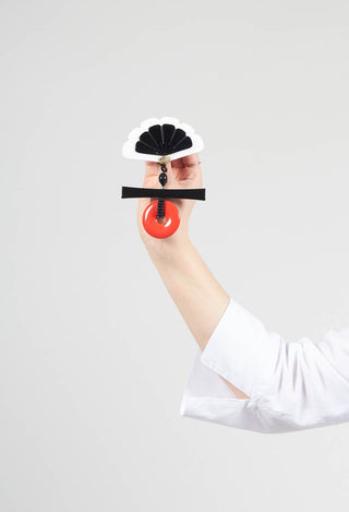 Large Fan Pendant Brooch in White, Black and Red