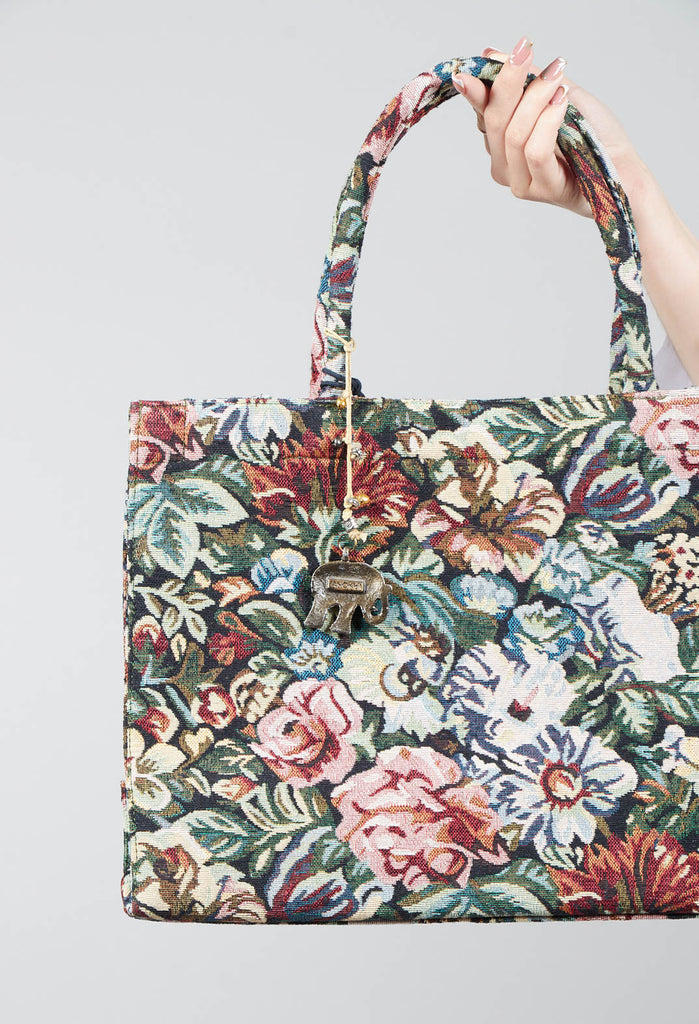 Large Tote Bag with Floral Embroidery in Multicolour