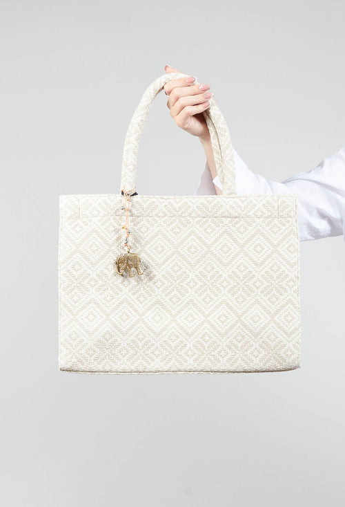 Large Tote Bag with Geometric Print in Beige