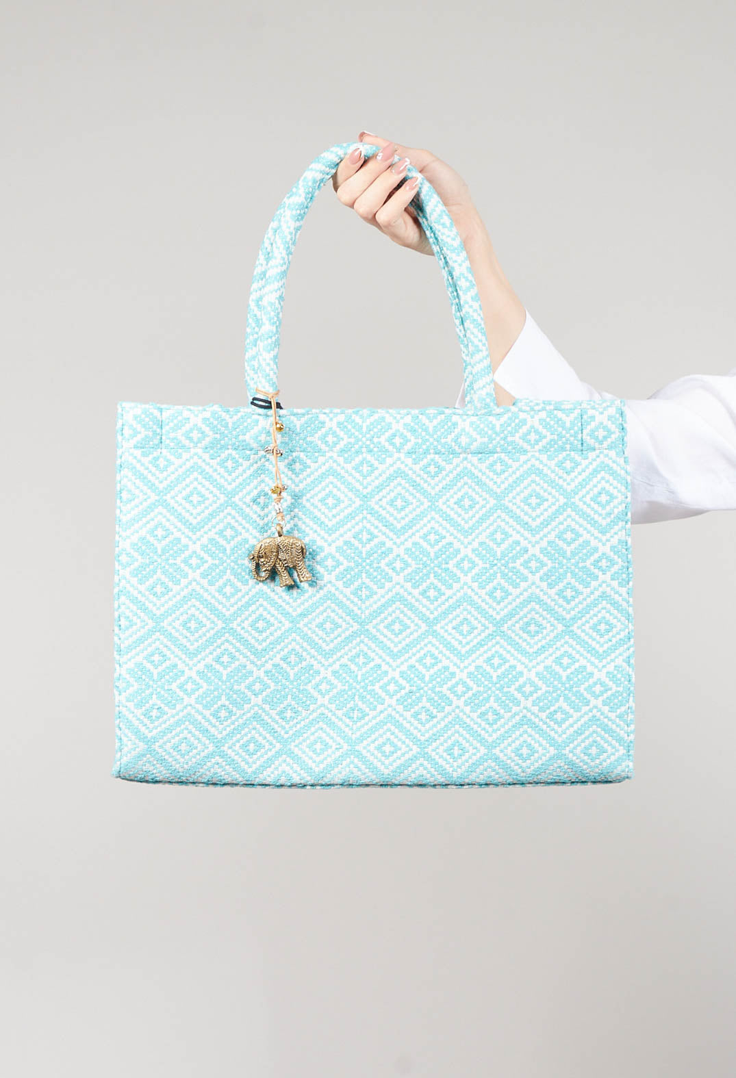 Large Tote Bag with Geometric Print in Ocean Blue