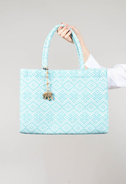 Large Tote Bag with Geometric Print in Ocean Blue – Olivia May