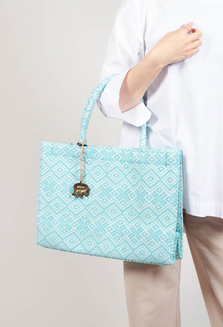 Large Tote Bag with Geometric Print in Ocean Blue