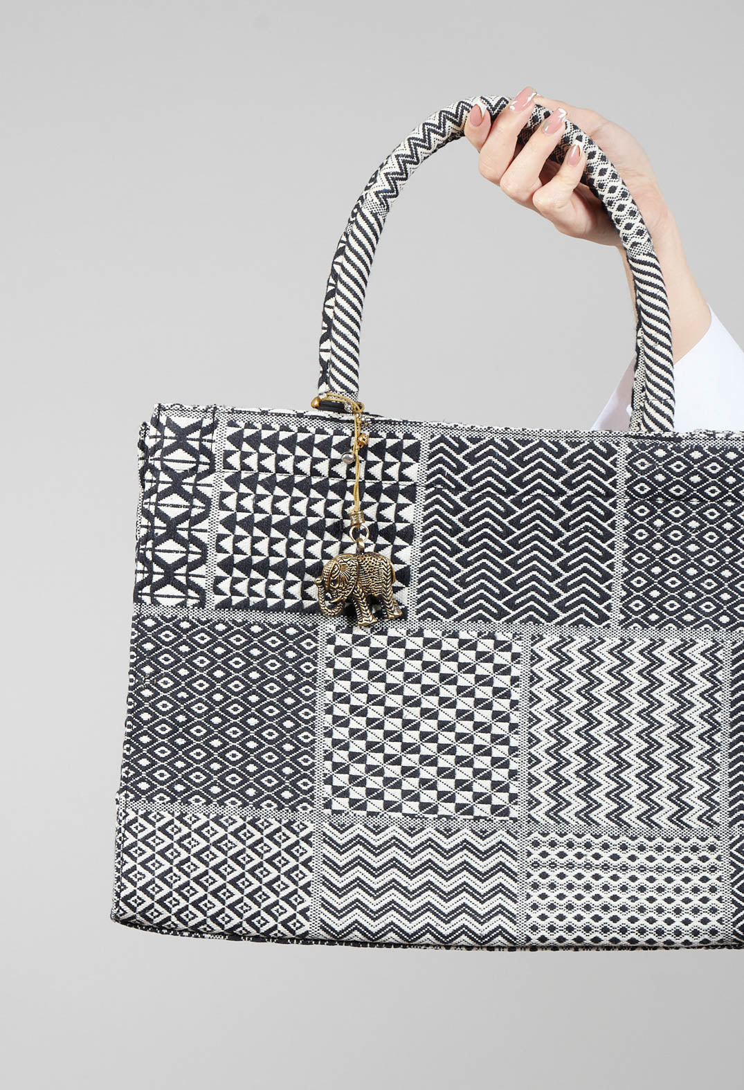 Large Tote Bag with Patchworth Geometric Print in Black and White