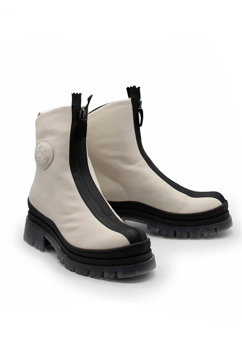 Leather Zip-up Biker Boots in Gasoline Greige
