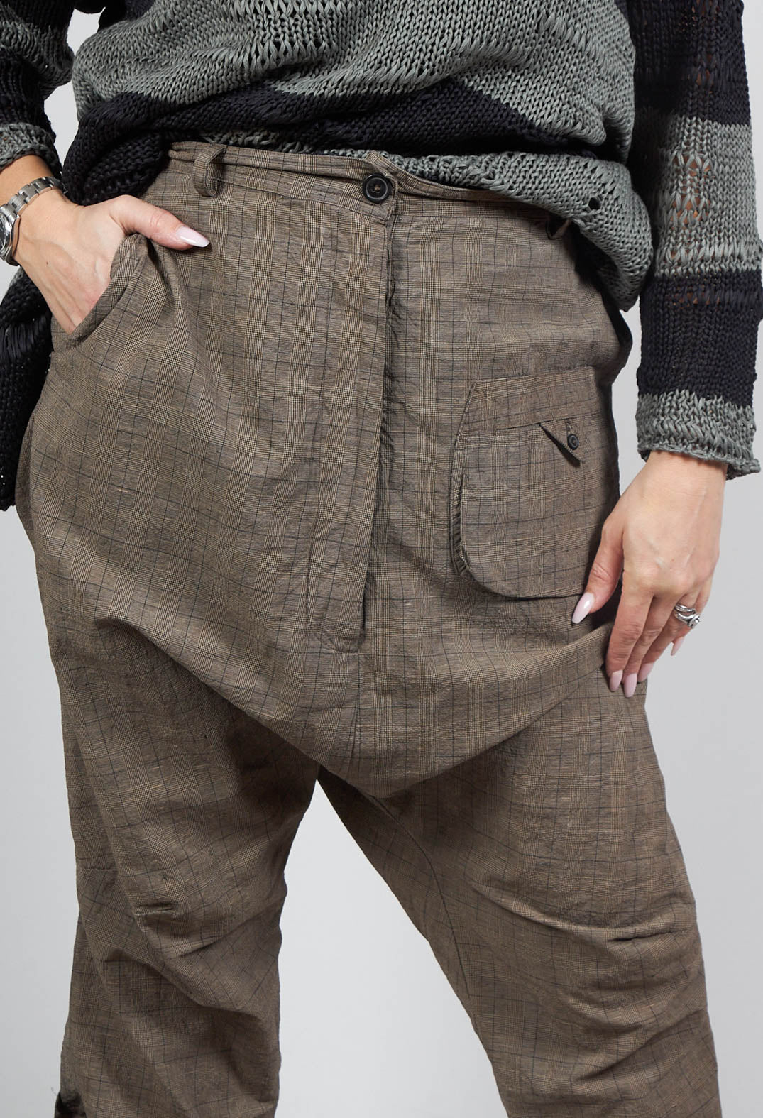 Linen Drop Crotch Trousers in Linen Check