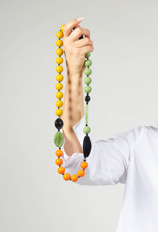 Long Beaded Necklace in Mustard, Green and Orange