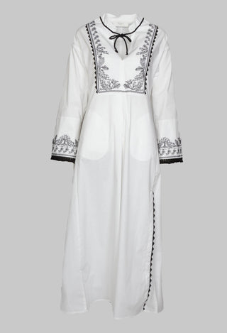 long sleeve dress with embroidery and neck tie front detail