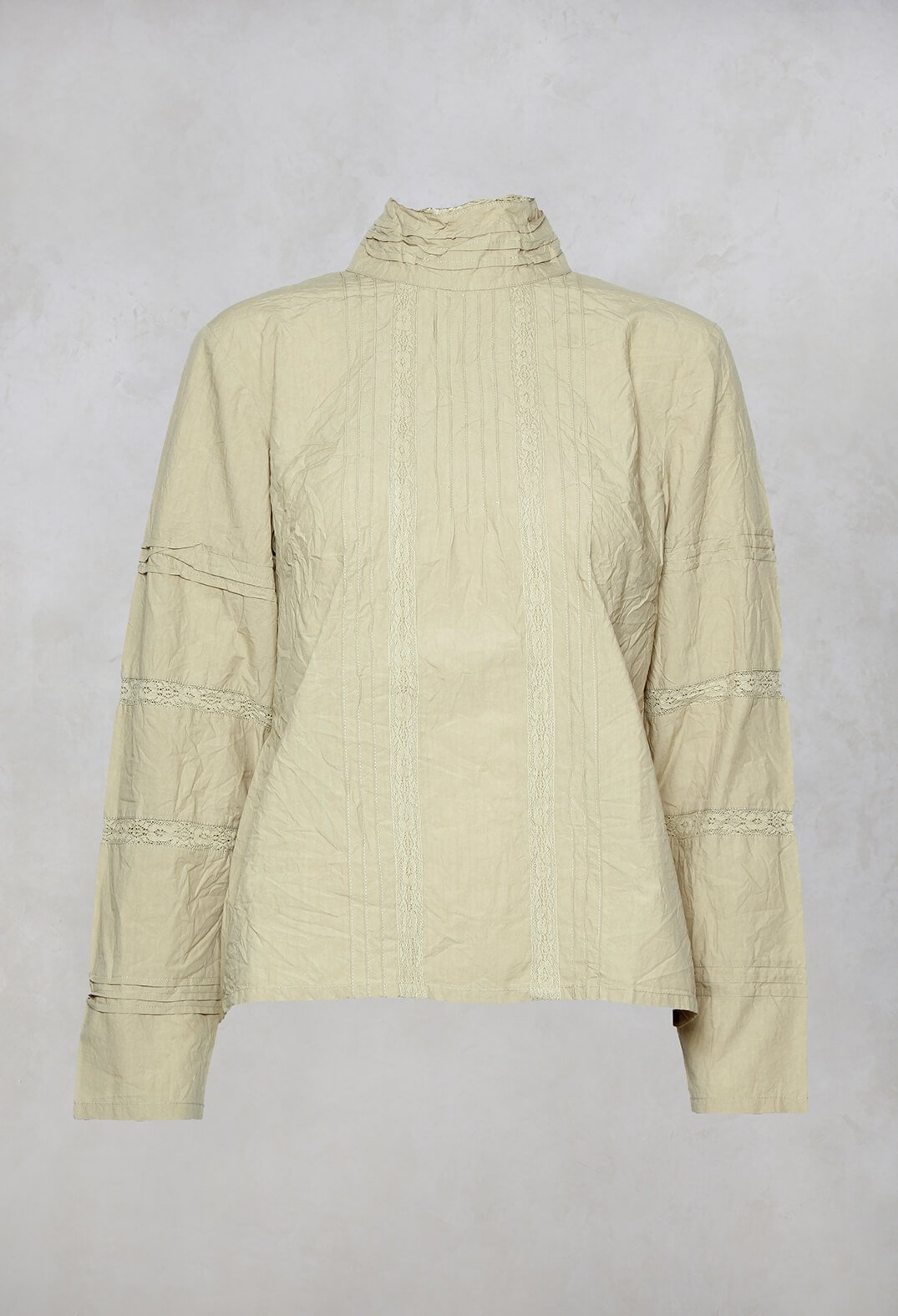 Long Sleeved Blouse with High Collar and Lace Details in Khaki