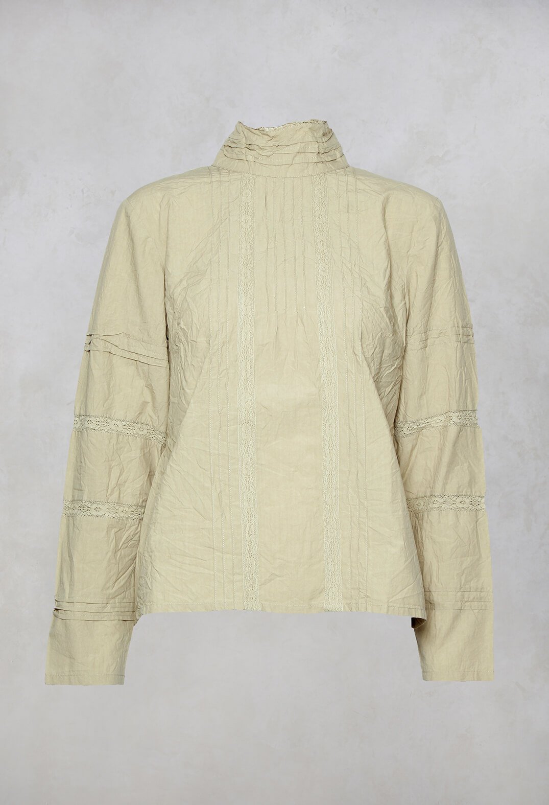 Long Sleeved Blouse with High Collar and Lace Details in Khaki