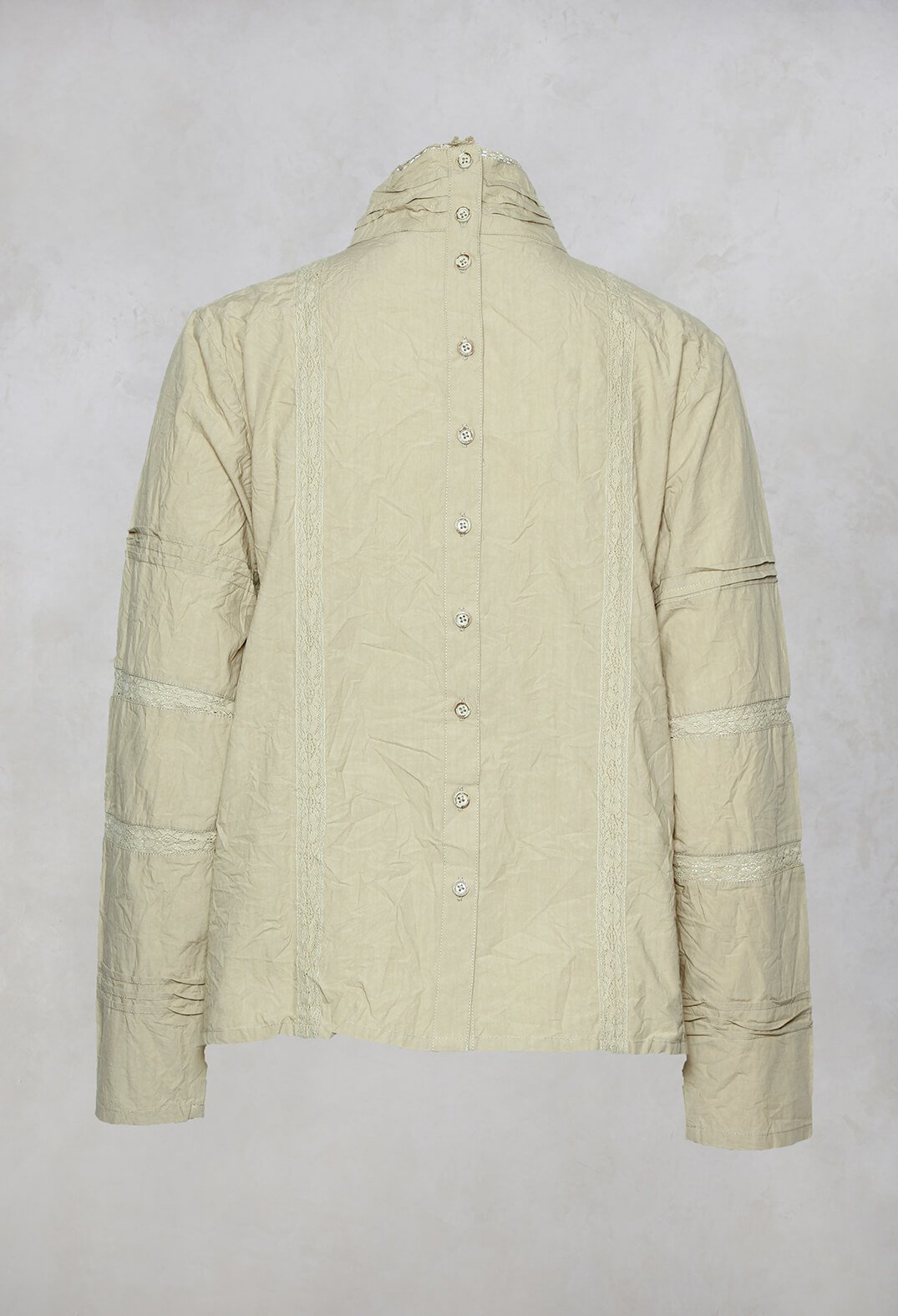 Long Sleeved Blouse with High Collar and Lace Details in Khaki