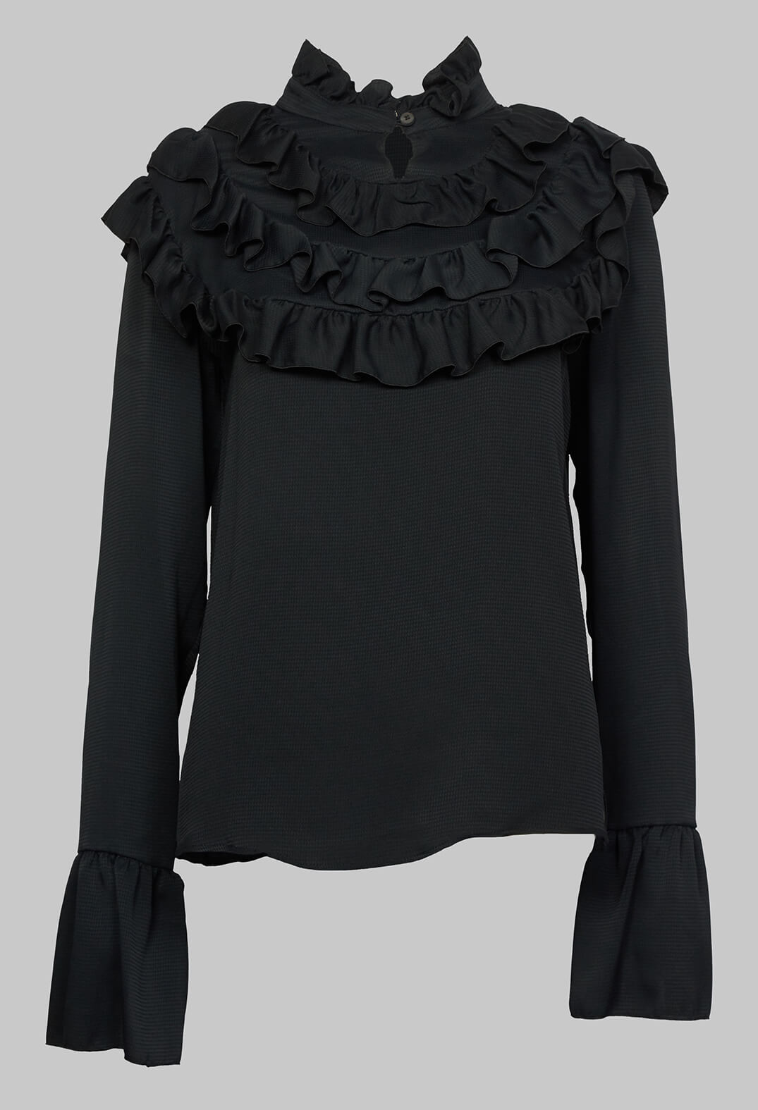 Long Sleeved Blouse with Ruffled Bib in Black