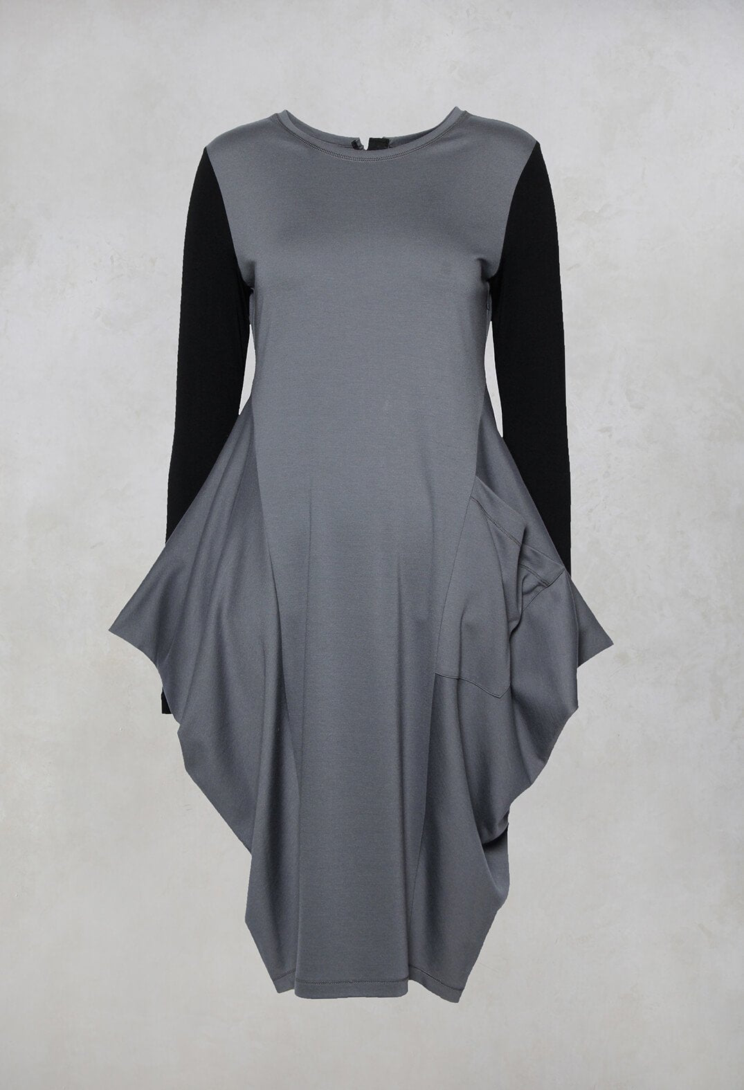 Long Sleeved Jersey Dress with Back Zip Detail in Grey Black