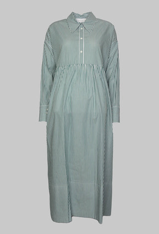 Long Sleeved Shirt Dress in Green and White Stripes