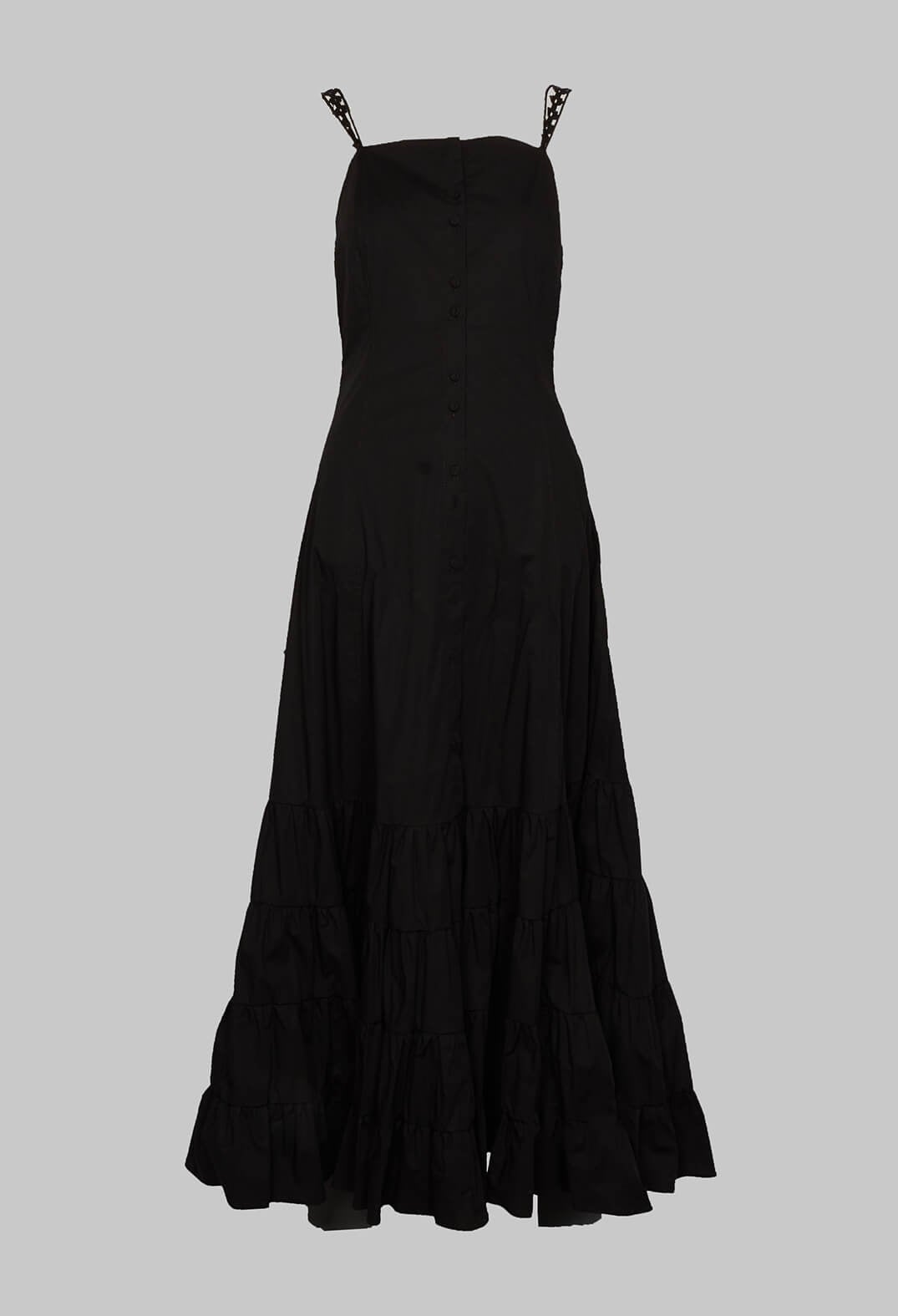 long black sleeveless tiered dress