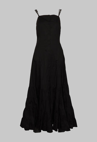 long black sleeveless tiered dress